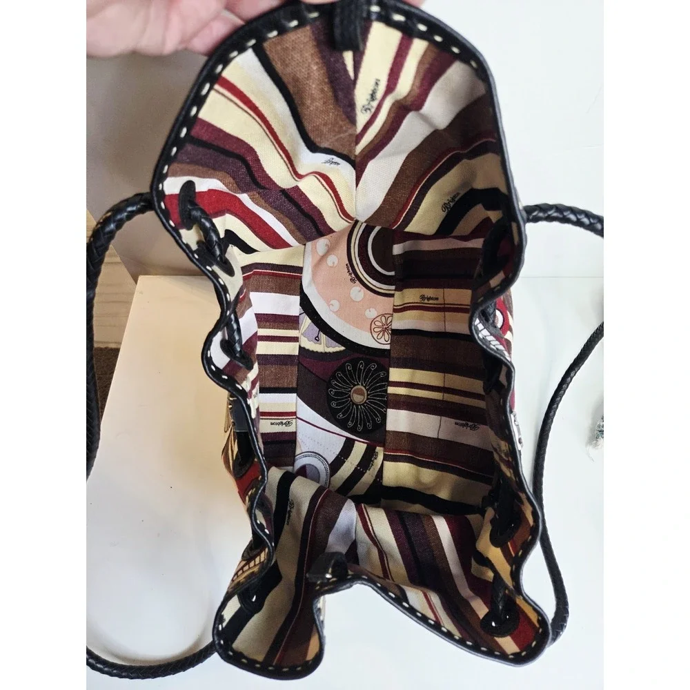 Brighton Canvas  & Leather Cinch Shoulder Satchel Slouchy Bag‎ Floral Braided
